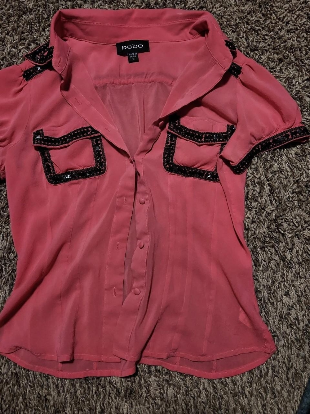 bebe Coral Pink Short Sleeve Button-Front Blouse with Black Sequin Trim